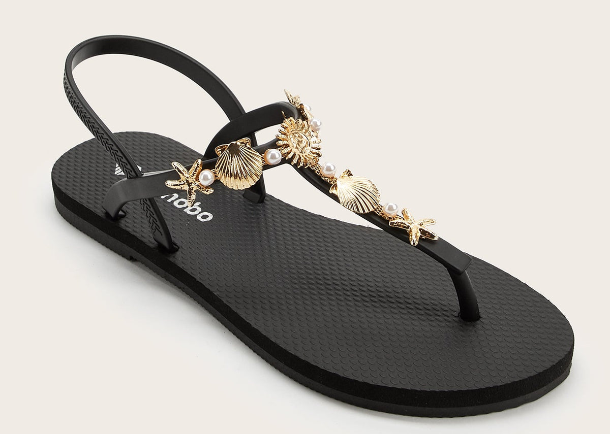 Rounded T-Strap sandals with Golden Sea Star Pearl