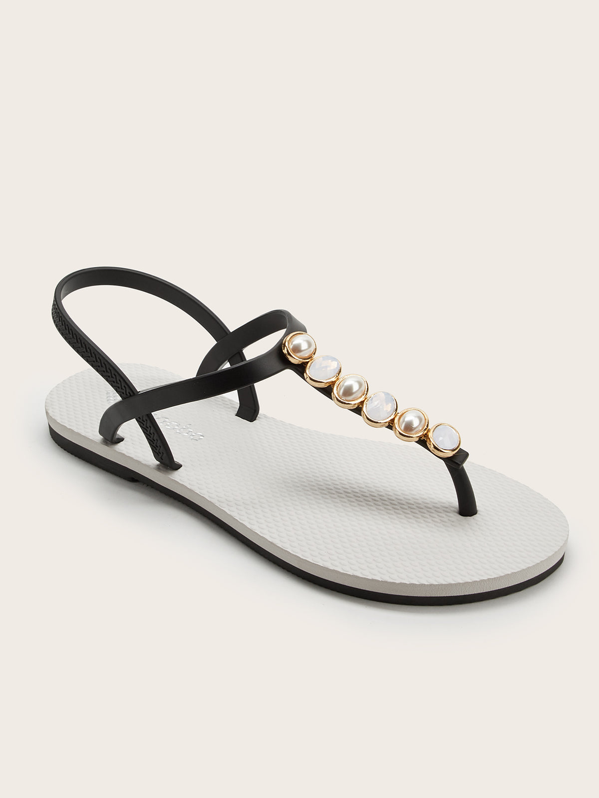 Rounded T-Strap Sandals with Two-Tone Oval Pearl