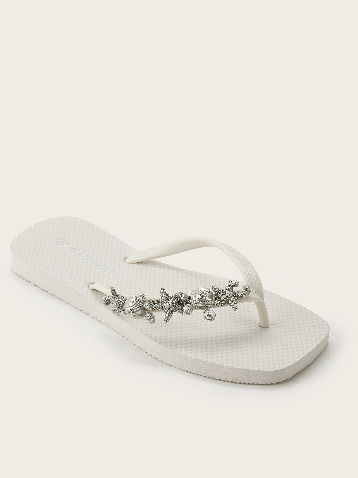 Squared Flat-Heel Flip-Flops with Silver Starfish Shell Pearl