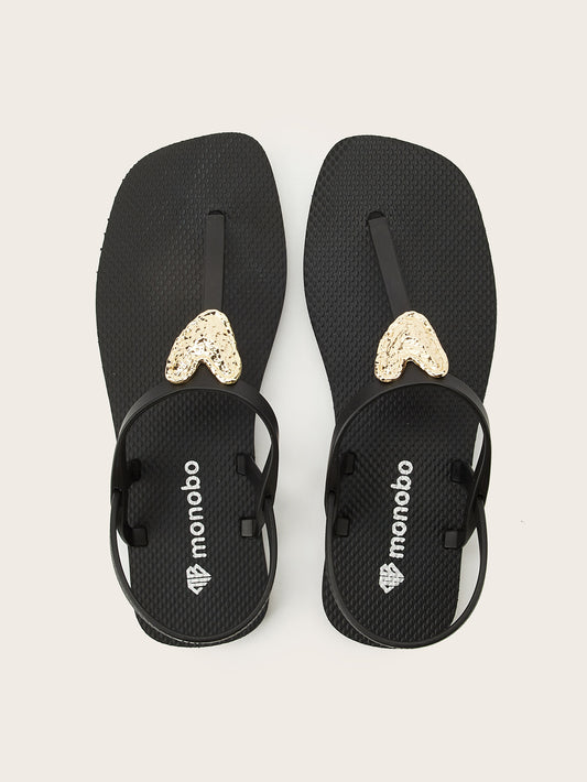 Squared T-Strap Sandals with Golden Heart