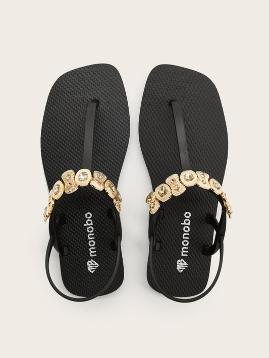 Squared T-Strap Sandals with Gold Square & Oval
