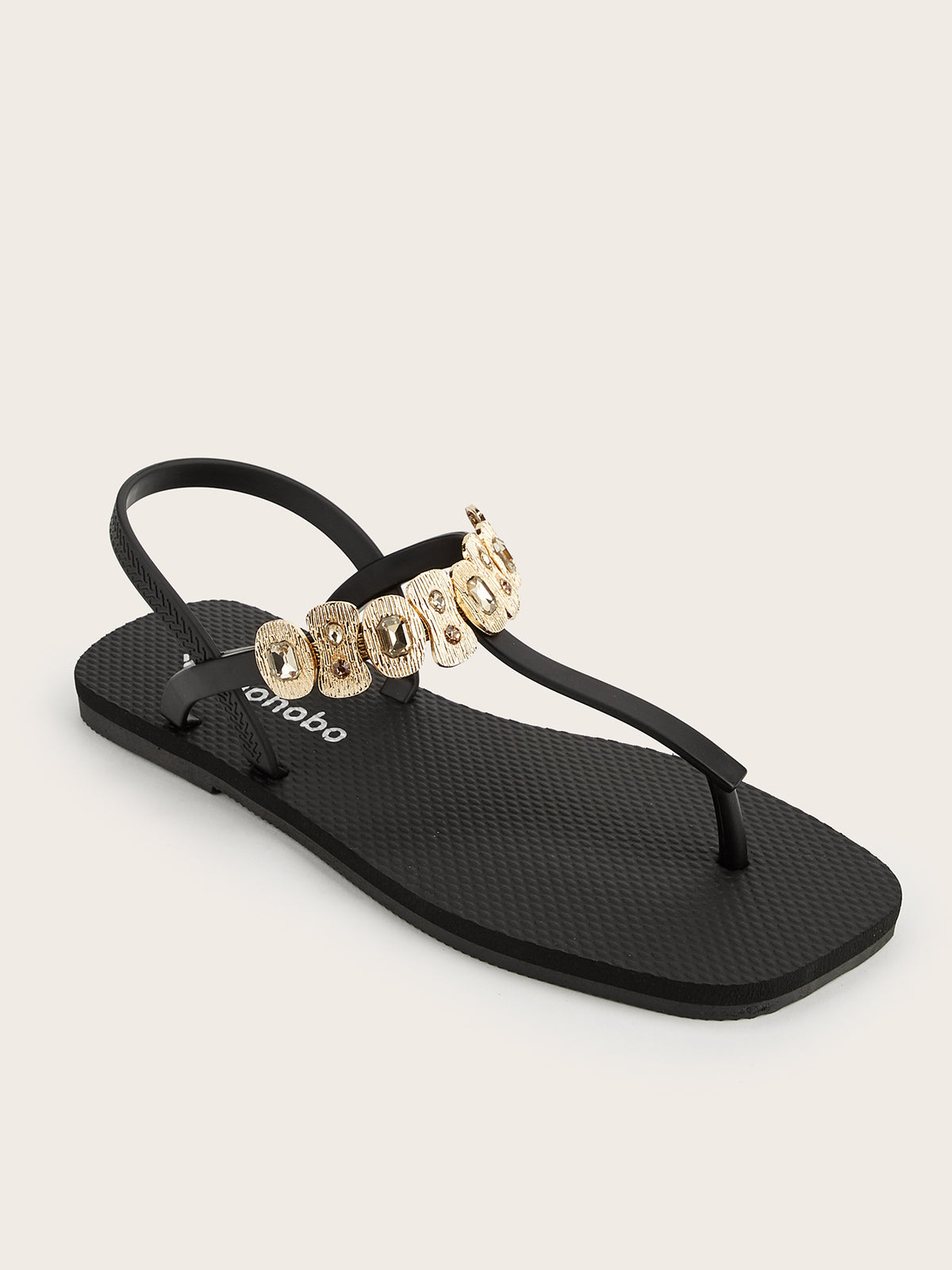 Squared T-Strap Sandals with Gold Square & Oval