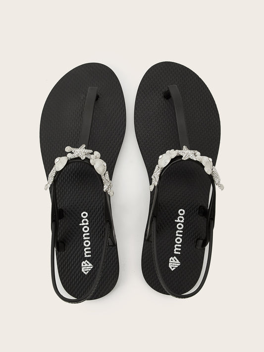 Rounded T-Strap Sandals with silver Sea Star Pearl