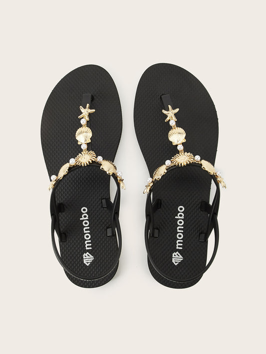 Rounded T-Strap sandals with Golden Sea Star Pearl