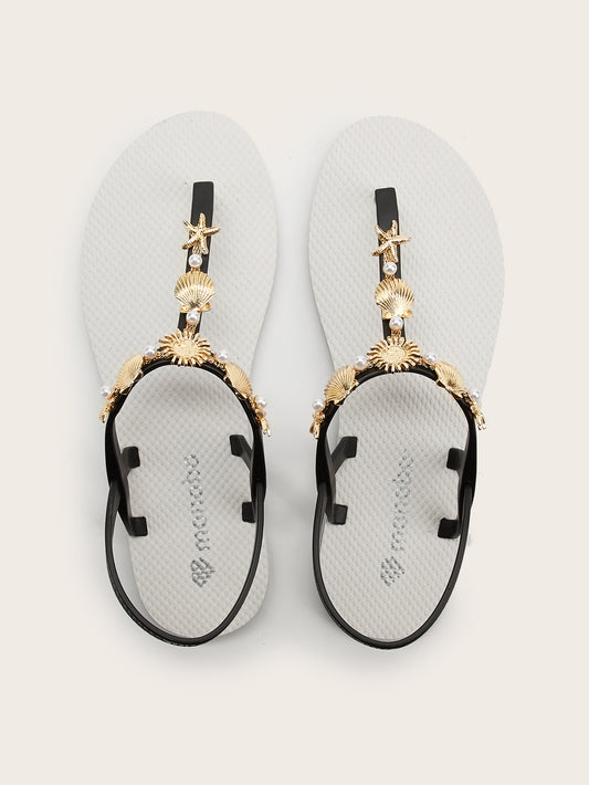 Rounded T-Strap sandals with Golden Sea Star Pearl