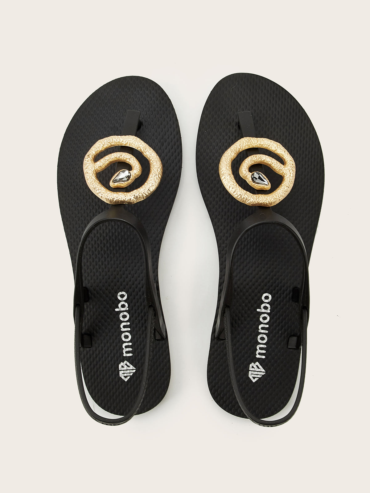 Rounded T-Strap Sandals with Diamond Snake Deco