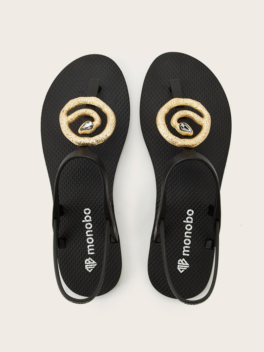 Rounded T-Strap Sandals with Diamond Snake Deco