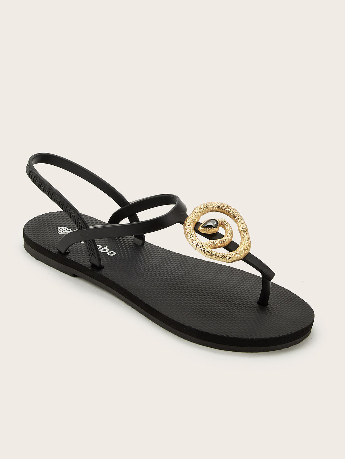 Rounded T-Strap Sandals with Diamond Snake Deco