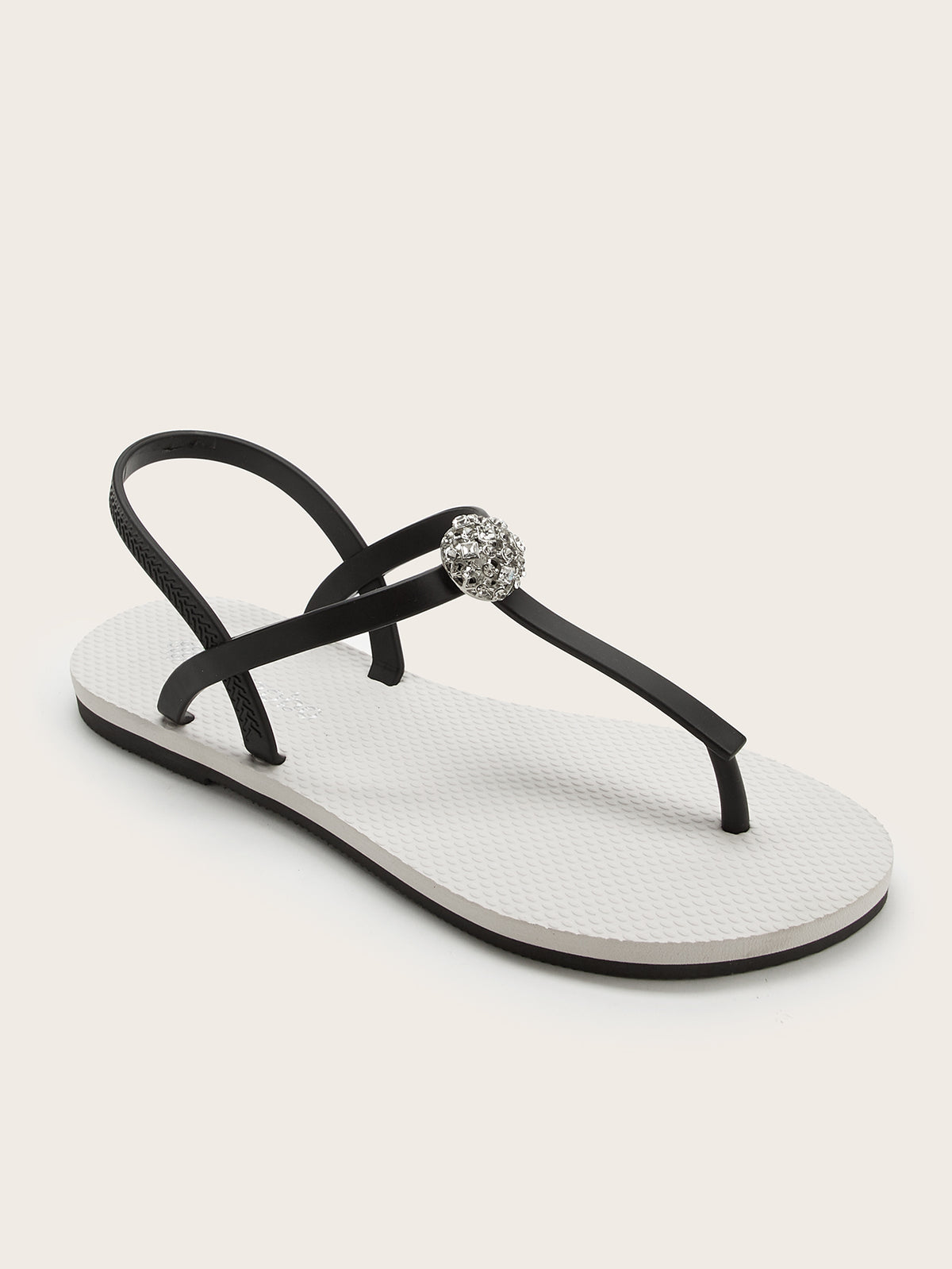 Rounded T-Strap Sandals with Dome Hollowed-Out Square-Round Stone