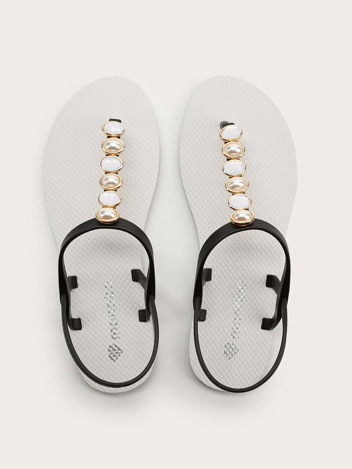 Rounded T-Strap Sandals with Two-Tone Oval Pearl