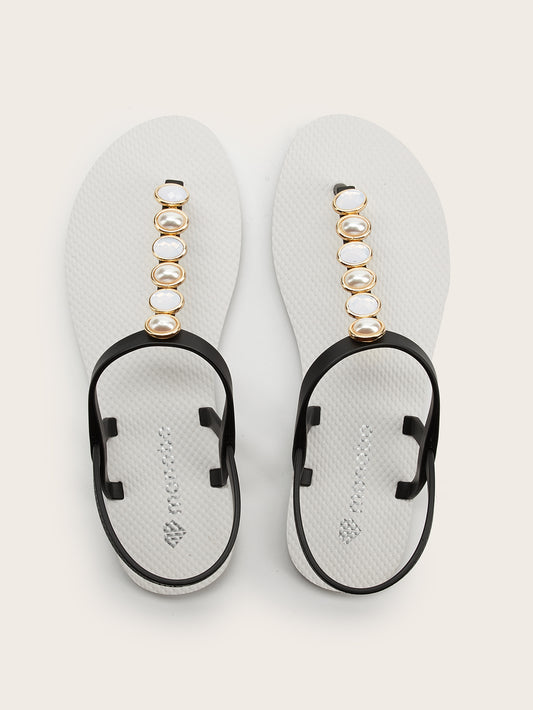 Rounded T-Strap Sandals with Two-Tone Oval Pearl