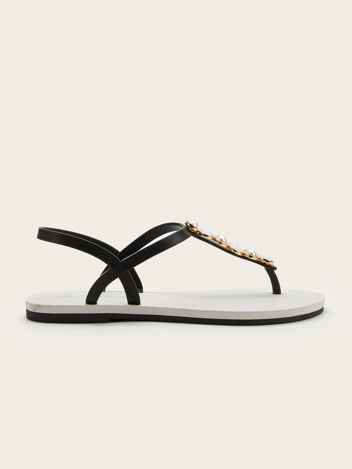 Rounded T-Strap Sandals with Two-Tone Oval Pearl
