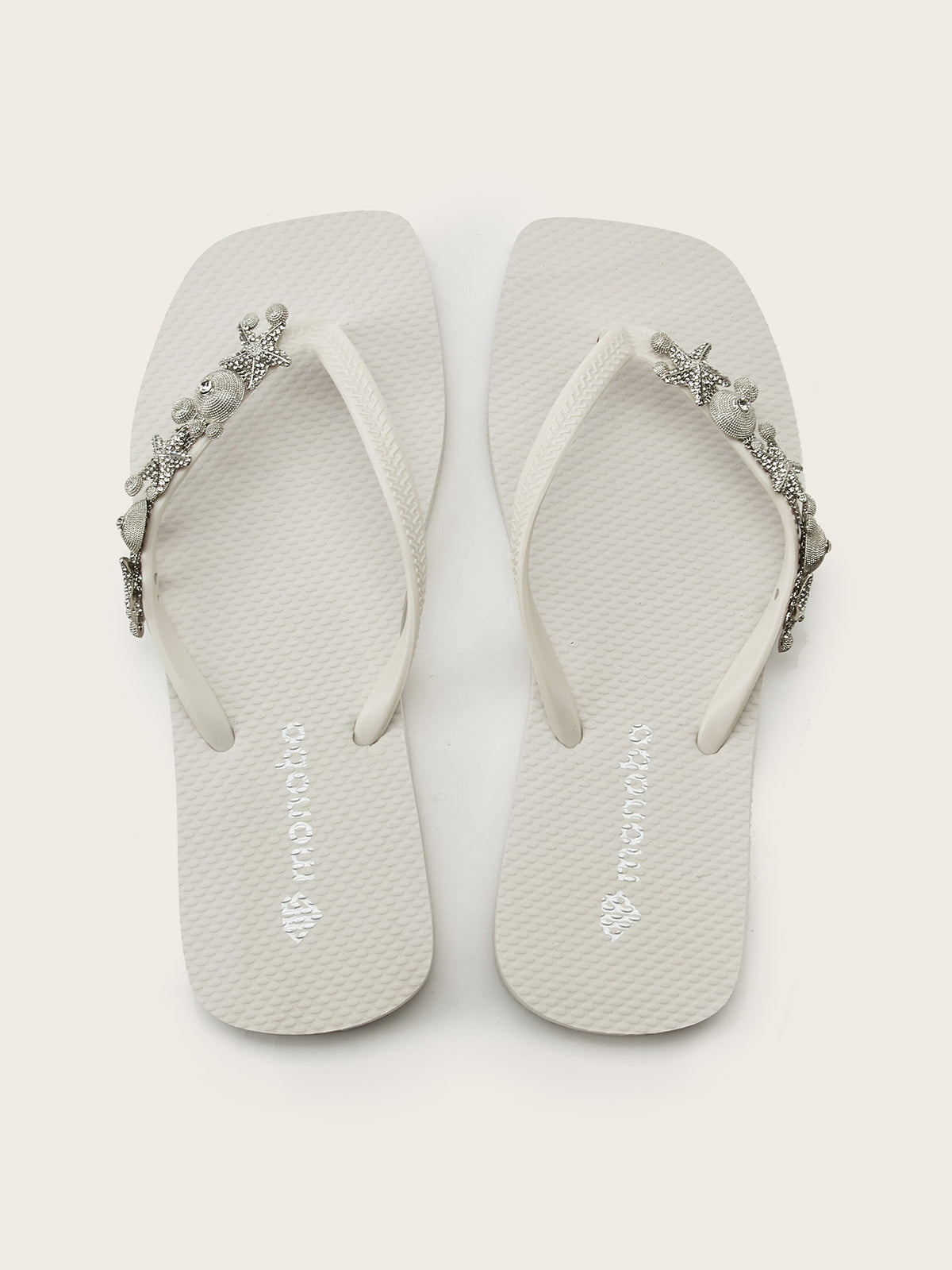Squared Flat-Heel Flip-Flops with Silver Starfish Shell Pearl