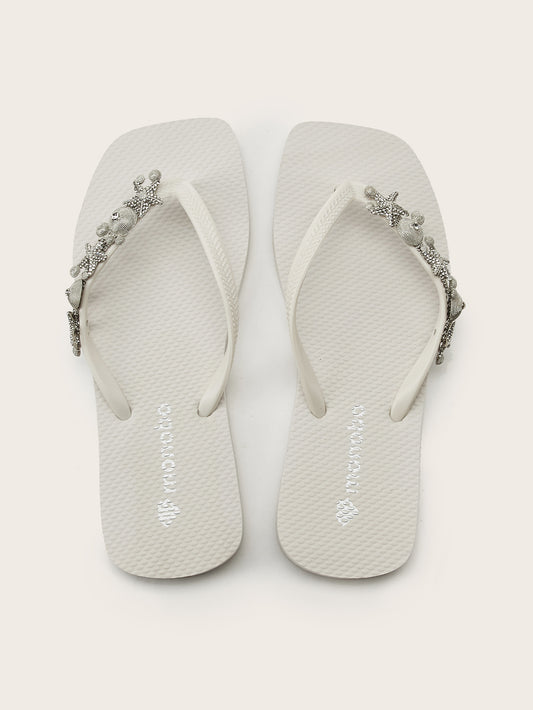 Squared Flat-Heel Flip-Flops with Silver Starfish Shell Pearl