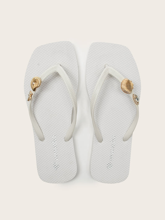 Squared Flat Heel  Flip-Flops with Golden Starfish Shell Sea Star