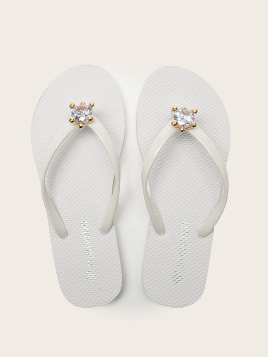 Rounded Flat Heel Flip-Flops with Gold Base Zircon Diamond