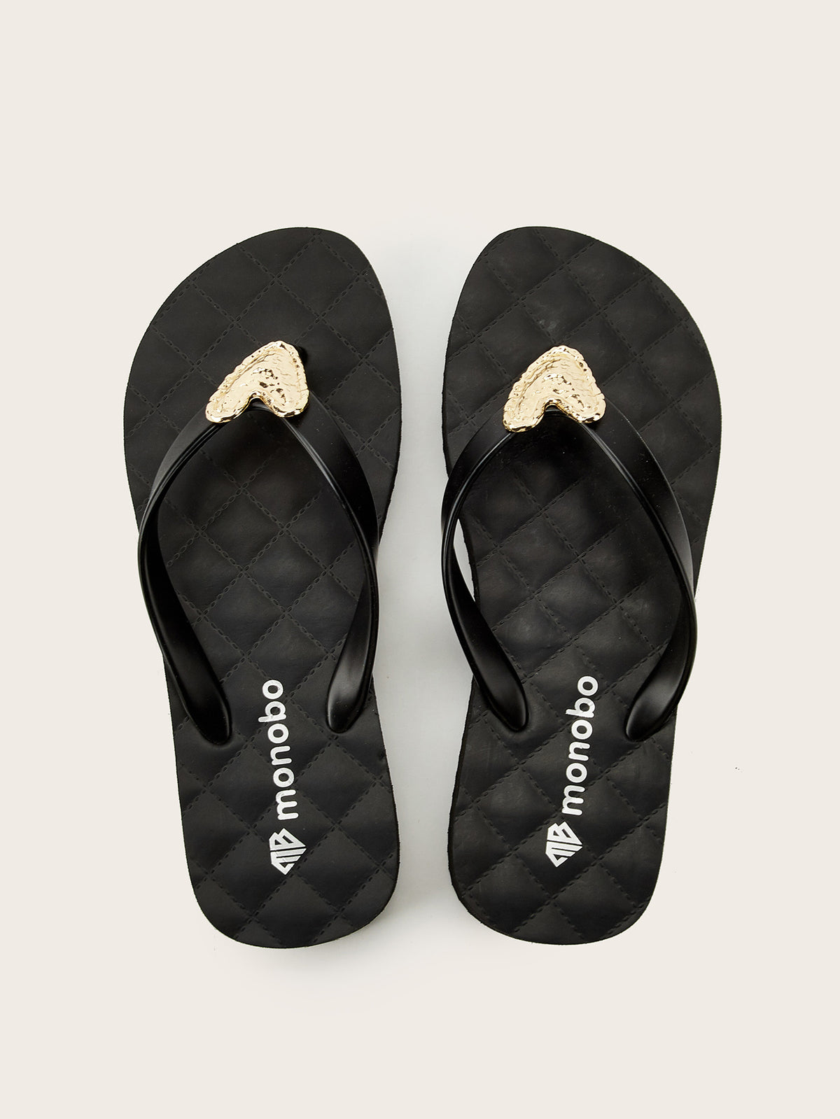 Rounded Grid Mid-Heel  Flip-Flops with Golden Heart (Black)