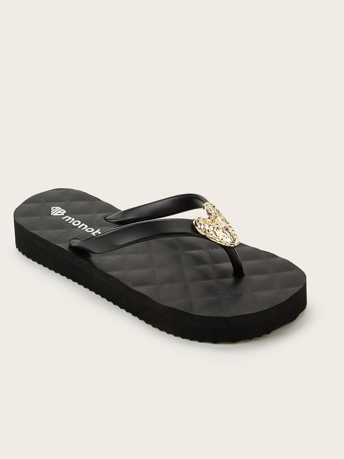 Rounded Grid Mid-Heel  Flip-Flops with Golden Heart (Black)