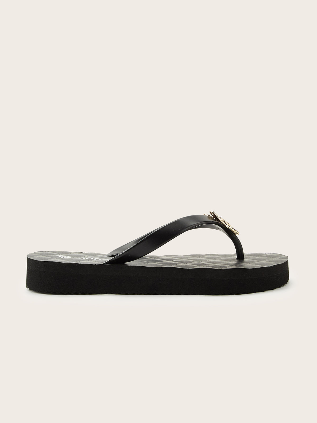 Rounded Grid Mid-Heel  Flip-Flops with Golden Heart (Black)
