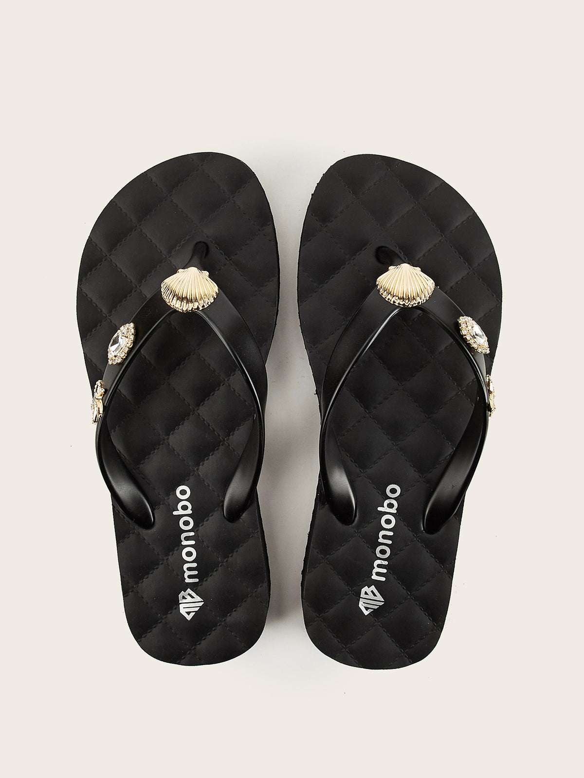 Rounded Grid Mid-Heel  Flip-Flops with Golden Starfish Shell Diamond Sea Star