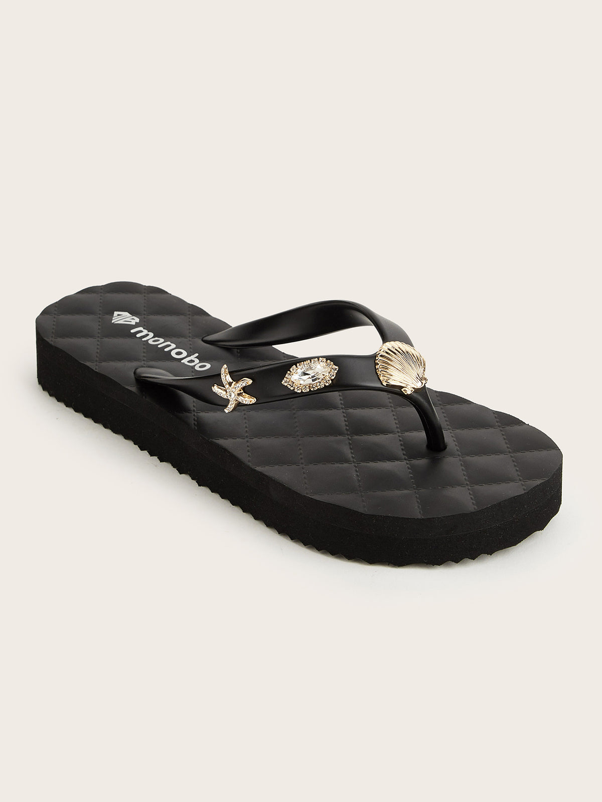 Rounded Grid Mid-Heel  Flip-Flops with Golden Starfish Shell Diamond Sea Star
