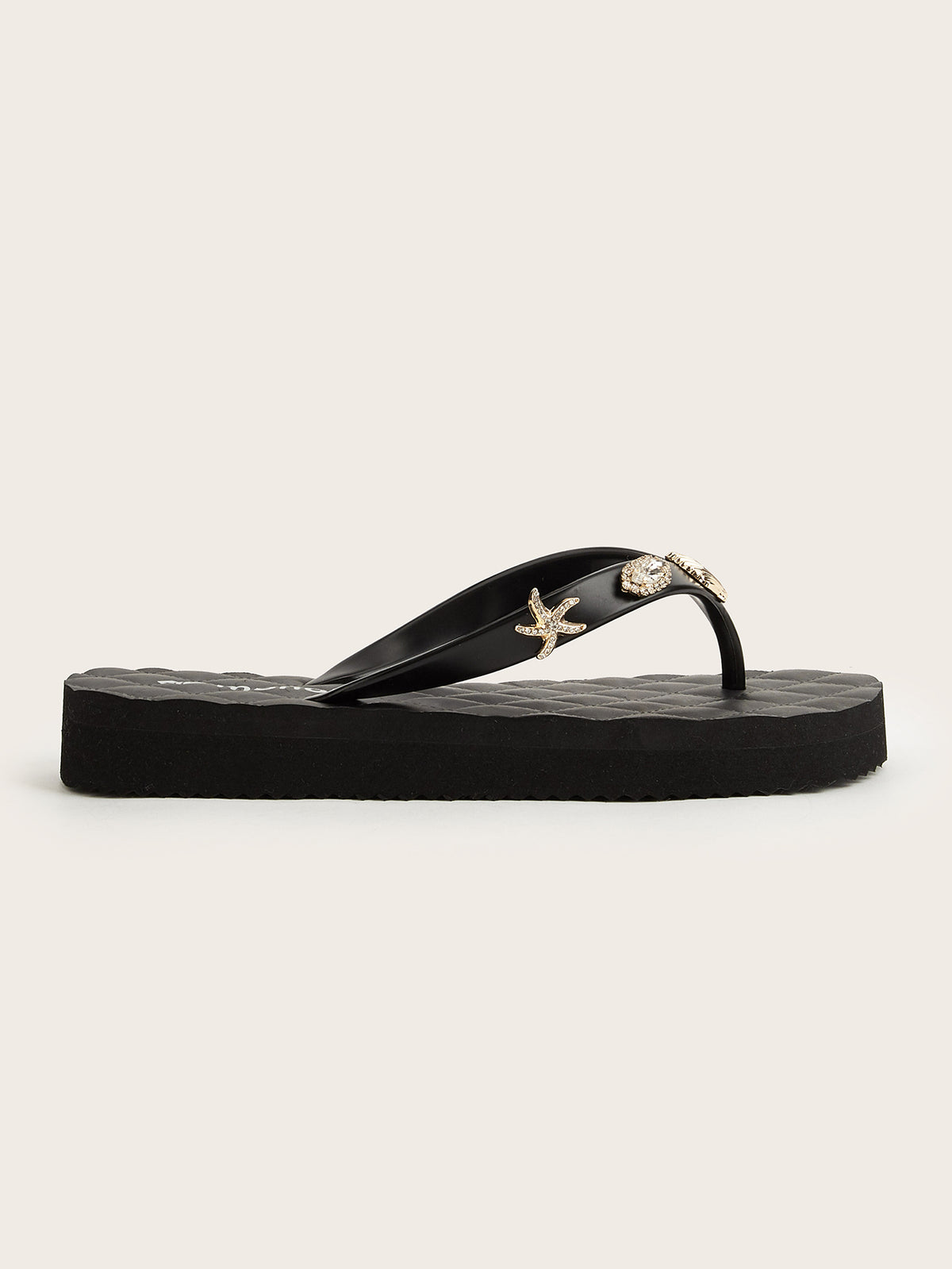 Rounded Grid Mid-Heel  Flip-Flops with Golden Starfish Shell Diamond Sea Star
